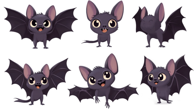 Black cartoon bat with spread wings, back view, side view, no background. transparent background
