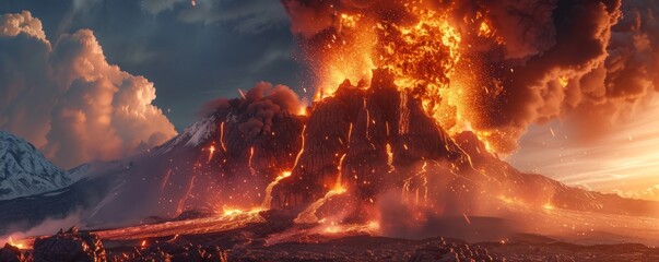 A dramatic volcanic eruption spewing lava and ash into the air, 4K hyperrealistic photo