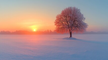 Panoramic View of a Lonely Tree at Sunset in a Winter Landscape