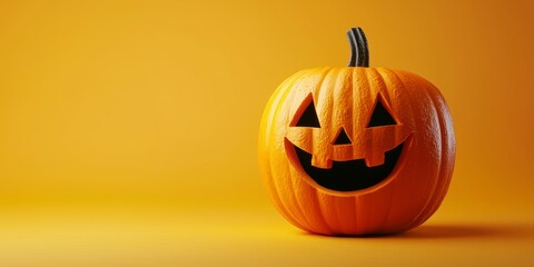 Fototapeta premium A Halloween pumpkin with a smiling face on a yellow background. Halloween Concept