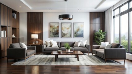 Simplified and refined, this modern living room combines serene white walls with rich dark wood furniture and bold