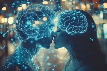 Flexible Brain connectivity Close up of a couple in a vibrant urban setting their brains illuminated symbolizing the energetic exchange of thoughts and emotions in a modern city