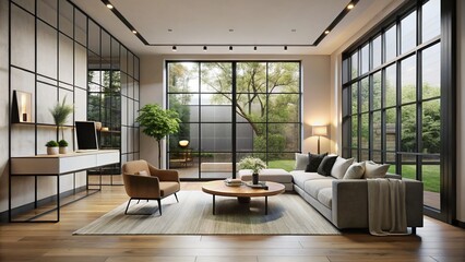 Fototapeta premium Sleek black window frames introduce a sophisticated touch to the modern interior, fostering a refined and understated