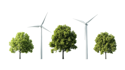 A harmonious blend of nature and technology showcasing wind turbines alongside lush trees, symbolizing renewable energy and sustainability.