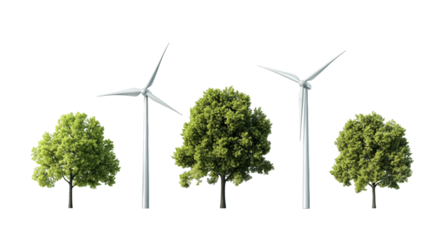 A harmonious blend of nature and technology showcasing wind turbines alongside lush trees, symbolizing renewable energy and sustainability.