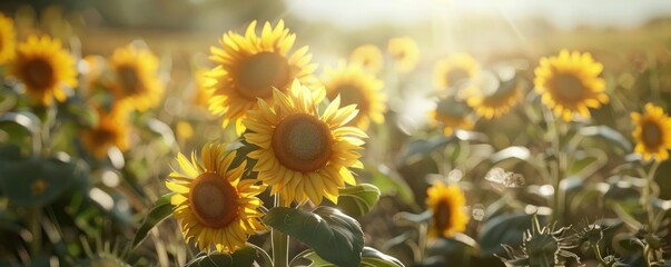 Radiant sunflower bush in summer field, 4K hyperrealistic photo