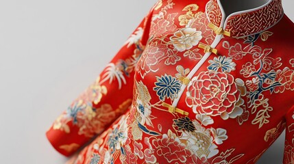 Naklejka premium A vibrant red traditional dress adorned with floral embroidery, showcasing cultural craftsmanship.