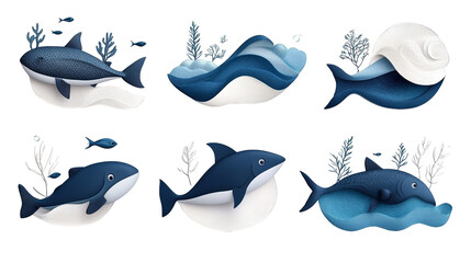Colorful whale illustrations with ocean elements, perfect for marine-themed projects and educational materials.