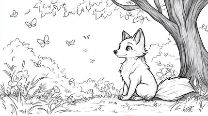 Coloring page, Charming cartoon fox sitting under a tree, enjoying the sight of butterflies flying in a tranquil forest scene.