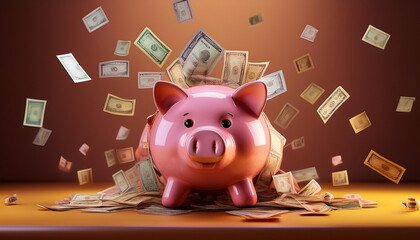 The piggy bank is overflowing with cash, illustrating the joy and satisfaction that comes with saving money consistently.