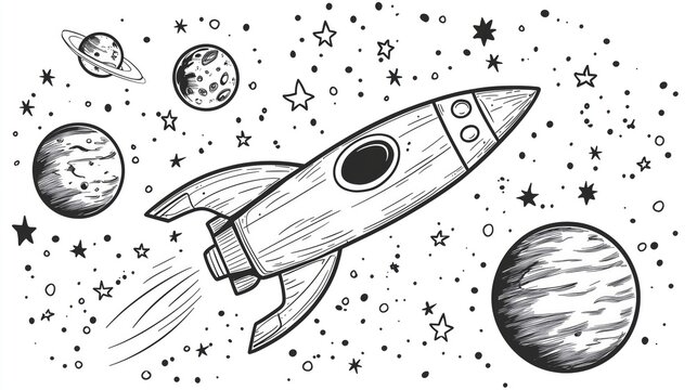 Coloring page, Hand-drawn black and white illustration of a rocket flying through outer space with planets and stars surrounding it.