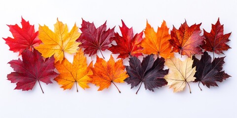 Fototapeta premium A Row of Vibrant Fall Leaves on a White Background