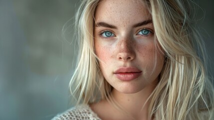 Close-up of a long-haired blonde's face against a simple neutral background. The concept of improving the appearance of hair, revealing femininity and attractiveness, developing a hairdressing busines