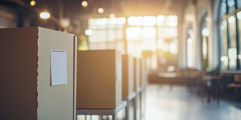 Voting booths lined up in a sunlit room, prepared for an election day.