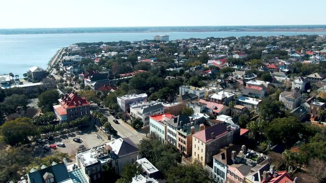 Beautiful coastal city of Charleston in South Carolina, aerial drone view