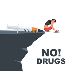 International day against drug abuse. No narcotic. Woman with needle over the abyss. June 26 landing page against drug use and distribution. Go to death. Vector flat design. Problem addiction.