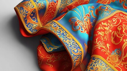 A vibrant silk fabric featuring intricate patterns in red, blue, and gold hues.