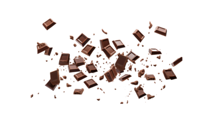 Falling chocolate pieces on a white background, perfect for confectionery, desserts, food product designs, and indulgent advertising campaigns