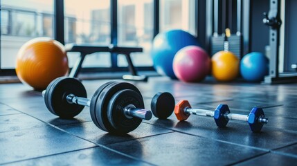 Disassembled barbell, medicine ball, kettlebell, dumbbell lying on floor in gym