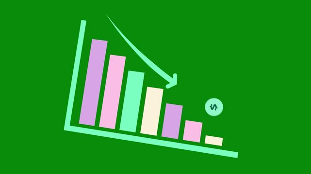 Downward arrow graph bar decreasing financial data diagrams shows economic recession in profits, global economic collapse, Green screen, Business crash chart and metaphor for the financial crisis. 4K