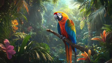A colorful parrot perched on a branch in a tropical rainforest, surrounded by lush foliage and vibrant flowers.