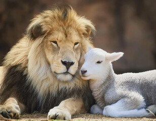 Fototapeta premium White Lamb Lying Down with Tan Lion AI