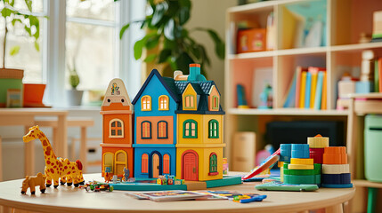 A colorful townhouse toy set on a play table, surrounded by other toys and books in a lively playroom