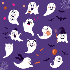 Set a cute ghost. Halloween. Ghosts engaged in festive activities on a dark purple background. Vector illustration.