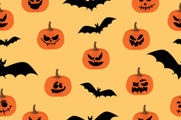 Happy Halloween with pumpkins and bats.Seamless pattern. Vector 