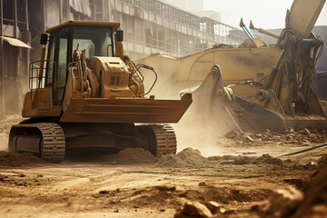 Bulldozer Operating at a Dusty Construction Site
