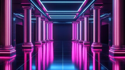 Fototapeta premium Futuristic dance stage with glowing neon lights, featuring Roman-style columns, black and pink color scheme, hyper-realistic reflections, viewed from a dynamic low-angle shot