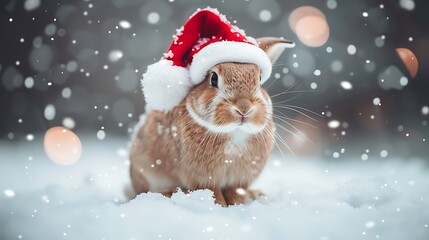 Cute bunny costumed as santa claus against a backdrop of snow