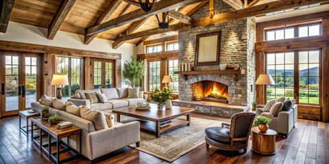Fototapeta premium Spacious modern country living room features exposed beams, cozy fireplace, wooden furniture, and rustic accents for a