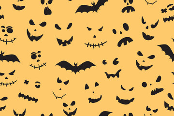 Seamless pattern with cute and creepy pumpkins, ghosts and monster faces for Halloween design. Vector illustration. Vector illustration