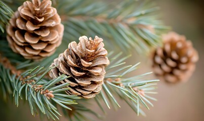 Fototapeta premium several pine cones on the branches of an evergreen tree in a natural outdoor setting, Generative AI