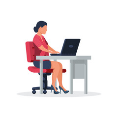 Businesswoman sitting at a desk working on laptop. Vector illustration flat design. Isolated on a white background. Office worker working on paperwork. Computer on the table.