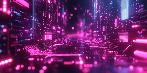 Fototapeta premium A futuristic glowing pink and blue neon corridor with a 3D rendered city.