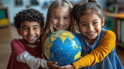 smiling children holding globe