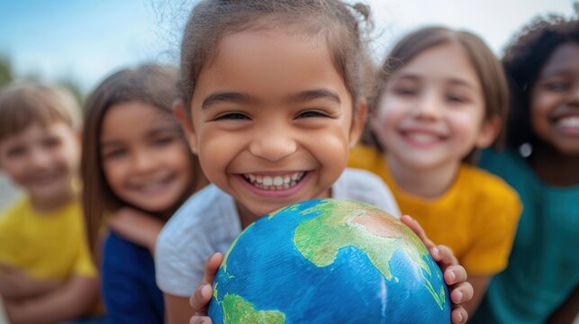 smiling children holding globe