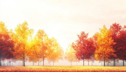 A serene landscape featuring vibrant autumn trees in shades of orange and red, illuminated by soft sunlight.