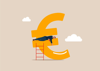 Businessman sleeping on growing euro sign. Financial success. Business, Company, Funds, gold. Modern flat vector illustration