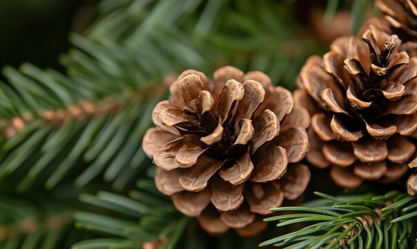 several pine cones on the branches of an evergreen tree in a natural outdoor setting, Generative AI