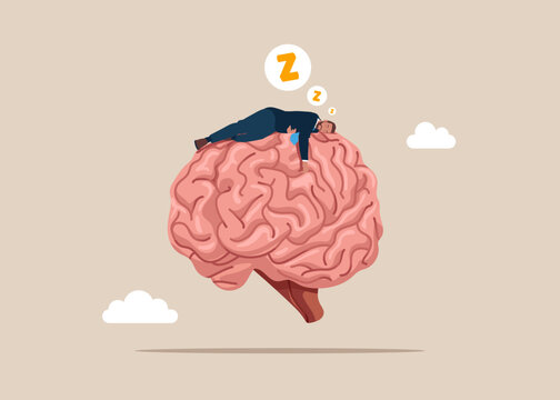 Businessman sleeping on ineffective human brain. Confusion problem or doubt, lost in trouble or complexity, misunderstanding. Modern flat vector illustration