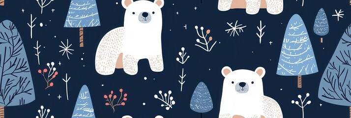 seamless pattern Winter forest with bear and snow covered trees 