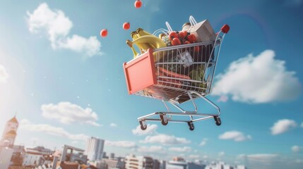 Fast flying shopping cart delivering groceries
