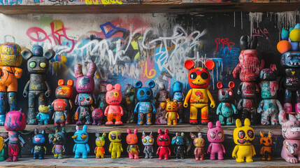 A vibrant, hand-painted art toy collection displayed against a graffiti-covered wall in an urban studio