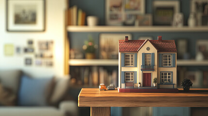 A vintage-style townhouse toy displayed on a wooden shelf, with a blurred living room in the background