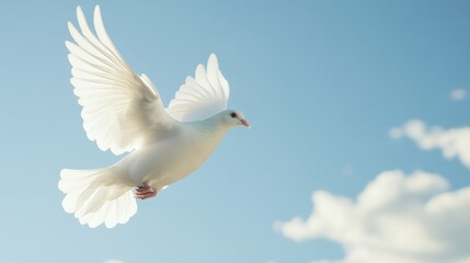 A white dove flying against a blue sky, representing peace and hope around the world