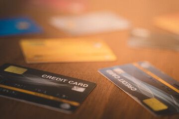 Customer using credit card for payment to owner business. cashless technology and credit card payment concept. through the internet for convenience.