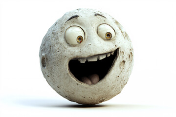 A playful and happy cartoon face on a moon-like surface with a wide smile and expressive eyes against a white background